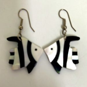 Iridescent hanging fish earrings used